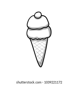 Ice cream cone. Food icon. Black and white doodle cartoon, vector illustration.