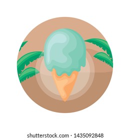 ice cream with cone in frame circular with leafs tropicals