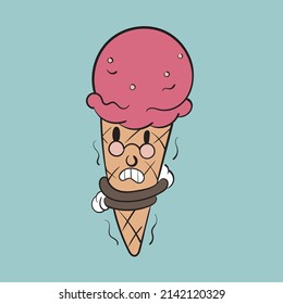 The ice cream cone is freezing. Vintage toons: funny character, vector illustration trendy classic retro cartoon style 30s.