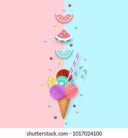 Ice cream cone, Fruit, Background, 3D, Pastel. Abstract images of ice cream, lime, lemon, orange, kiwi and watermelon in paper cut style. Minimal summer food concept. Vector illustration