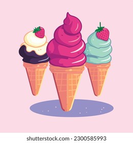 ice cream cone with fruit topping cute cartoon vector illustration