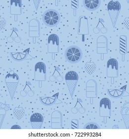 Ice cream cone and fruits seamless pattern in blue background. Ice cream line illustration background.