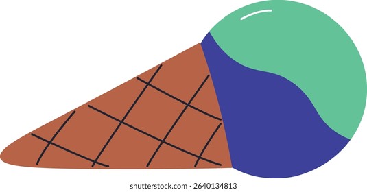 An ice cream cone with a geometric pattern and two-tone scoop in a flat style. The cone features a grid design and the scoop is divided into two contrasting colors. Cartoon vector illustration.