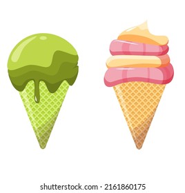 Ice cream in a cone green and pink, vector graphics for the design of a point of sale, design or advertising