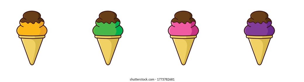 ice cream cone group double flavor.Orange chocolate, melon chocolate, strawberry chocolate, and grape chocolate