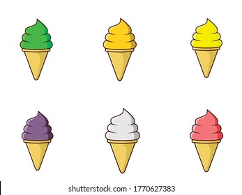 ice cream cone group melon, pineapple, banana, blueberry, vanilla ,and guava