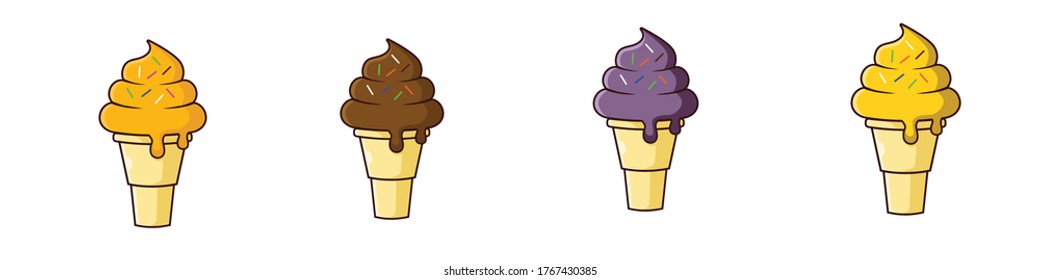 Eiscreme-Konistergruppe mit Sprinkle. Orange, Schokolade, Heidelbeere, Schokolade und Ananas