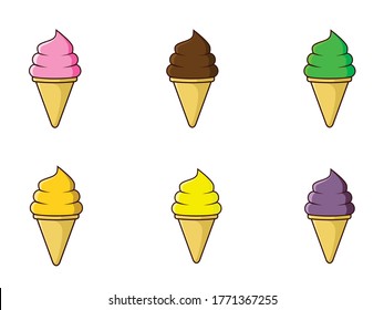 ice cream cone group strawberry, chocolate, melon, pineapple, banana,  and blueberry