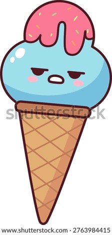 Ice cream cone with grumpy face, waffle texture, and melting drip in bold outline cartoon style. Symbol of summer treat, mood, and sweet craving humor for food branding. Cartoon vector illustration.