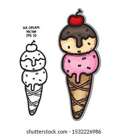 Ice cream cone hand drawing doodle style. Pink cream color with red cherry, tasty waffle