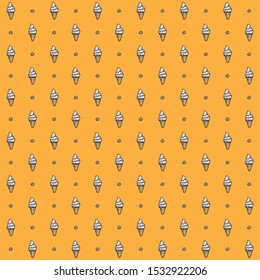 Ice cream cone hand drawing doodle line style. white cream color yellow background seamless pattern