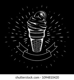 Ice cream cone hand drawn, white contour on the background of linear rays. Calligraphy. Ribbon, flag. For design of posters, banners, logos. Black background. 10 eps