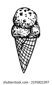 Ice cream cone hand drawn with ink - sketchy illustration, black and white, uncolored ice-cream with chocolate chips, engraving, coloring page, sweet and cold - element for a menu, jelato