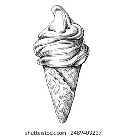 Ice cream in a cone hand drawn vintage vector sketch drawing