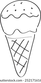 ice cream in a cone hand drawn with a brush in black on a white background