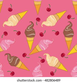 Ice cream cone. Hand drawn seamless pattern of ice cream. Vector texture with sweet desserts.  Chocolate, strawberry and vanilla ice cream in the cone on pink background with a cherry
