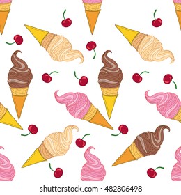 Ice cream cone. Hand drawn seamless pattern of ice cream. Vector texture with sweet desserts.  Chocolate, strawberry and vanilla ice cream in the cone on white background with a cherry.
