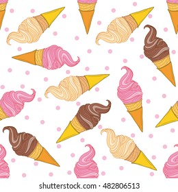 Ice cream cone. Hand drawn seamless pattern of ice cream. Vector texture with sweet desserts.  Chocolate, strawberry and vanilla ice cream.
