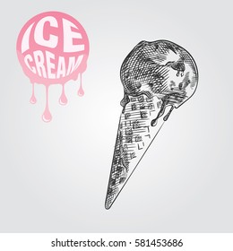 Ice cream cone hand drawn sketch isolated on white background and pink blob with drops. Ice cream sketch elements vector illustration.