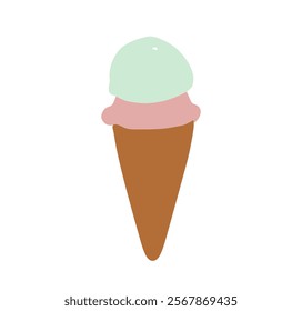 An ice cream cone has a light green and a pink scoop on a brown cone, in a simple style isolated on white background vector illustration