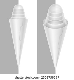 Ice cream cone with high domical transparent cover and eyelet. Blank vector realistic packaging template illustration.