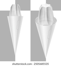 Ice cream cone with high figured domical transparent cover and eyelet. Blank vector realistic packaging template illustration.