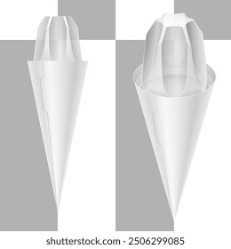 Cono de helado con tapa transparente abovedada de alta figura y ojal. Vector en blanco ilustración de maqueta de embalaje realista.