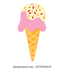 An ice cream cone, highlighted on a white background. A mesh ice cream cone decorated with pink ice cream with colored sprinkles. The sweet treat is depicted in a bright and flat style