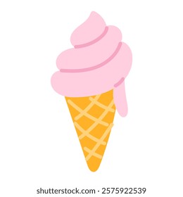 An ice cream cone, highlighted on a white background. A mesh ice cream cone decorated with pink ice cream. The sweet treat is depicted in a bright and flat style