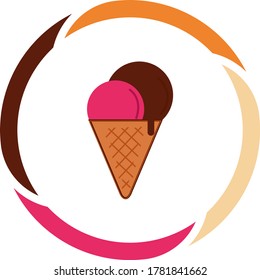 ice cream cone icon with brown cookie, two scoops of ice cream on top pink and brown. white background with color circle.