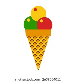 Ice cream cone icon, cartoon waffle candy, funky summer dessert, comic retro fruit sorbet isolated on white background. Cute frozen cream food. Retro simple colorful vector illustration