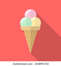 Ice cream cone icon with long shadow. Flat design style. Ice cream simple silhouette. Modern, minimalist icon in stylish colors. Web site page and mobile app design vector element.