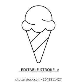 Ice cream cone icon in minimal line style with editable stroke. Sweet dessert in waffle cone, symbol of summer treat, cold food, frozen snack, refreshing sweets, menu visuals and food content design.