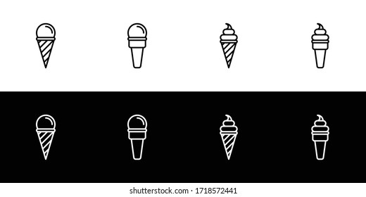 Ice cream cone icon set. Flat design icon collection isolated on black and white background. 