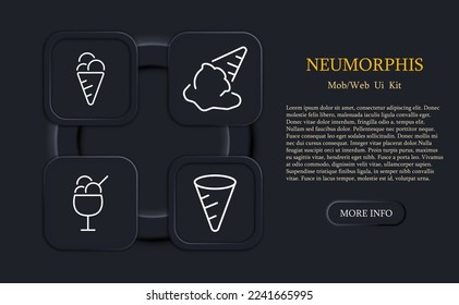 Ice cream cone icon set. Sweets for children, low fat, chocolate icing, dairy products. Food concept. Neomorphism style. Vector line icon for Business