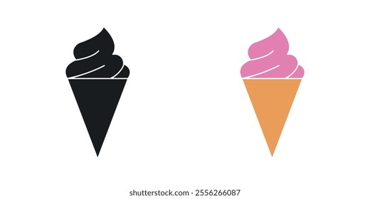 Ice cream cone icon set in black and colored versions.