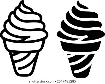 Ice Cream Cone Icon Set – Black and White Dessert Sweet Symbol Vector Illustration