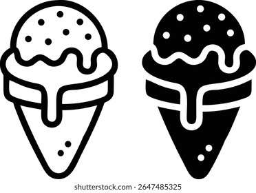 Ice Cream Cone Icon Set – Black and White Dripping Dessert Sweet Symbol Vector Illustration