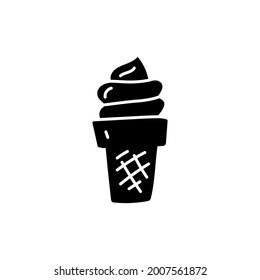 Ice cream cone icon in solid black flat shape glyph icon, isolated on white background 