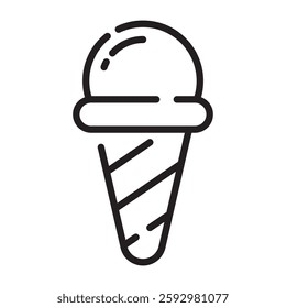 Ice Cream Cone Icon, Sweet Dessert and Refreshing Treat, Black and White Outline Illustration Isolated on White Background