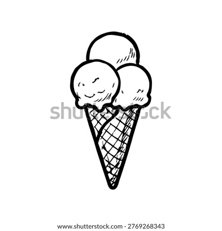 Ice cream cone icon symbolizing frozen dessert, popular treat especially in warm climates. hand drawn style