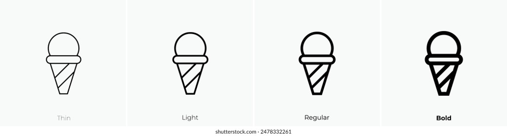 icono de cono de helado. Diseño de estilo fino, ligero, regular y audaz aislado sobre fondo blanco