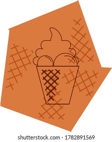 ice cream or cone icon with two scoops of ice cream and whipped cream. brown lines and brown background with textures.