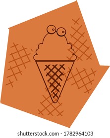 icono de helado o de cono de helado con dos cerezas encima. líneas marrones y fondo marrón con texturas.