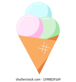 Ice cream in cone icon vector illustration. Flat cartoon style different flavor balls delisious ice cream cone. Pink, blue, green waffle dessert isolated on white background. 