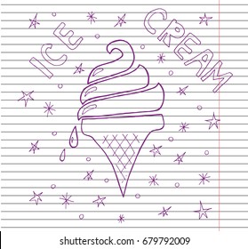 ice cream cone. Ice Cream icon. Ice Cream in a waffles on copybook background.