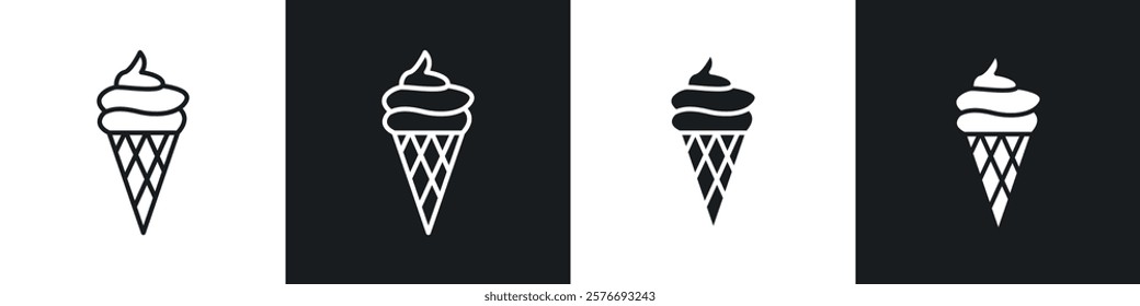 Ice cream cone icons collection in black and white solid and line style