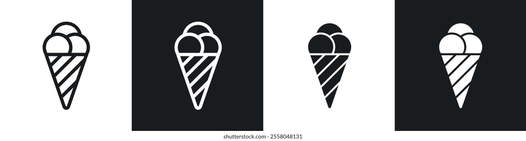 Ice cream cone icons pack in black and white filled and outlined versions.