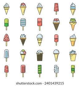 Ice cream cone icons set. Outline set of ice cream cone vector icons thin line color flat on white