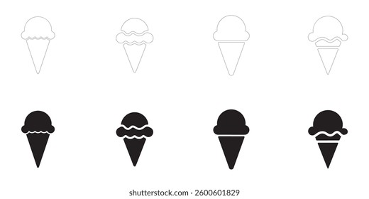 ice cream cone icons set. Editable minimalist vector icons. Flat and Outline. Perfect for web and app interfaces, presentations, info graphics, etc. In black color on a white background
